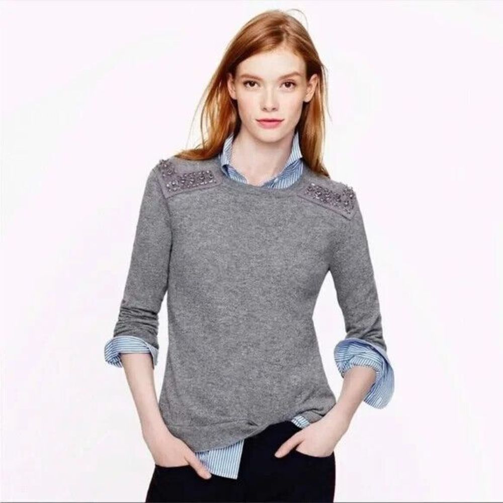 J. Crew  XS Sweater Gray Jeweled-Shoulder Cashmere Knit Pullover Crewneck